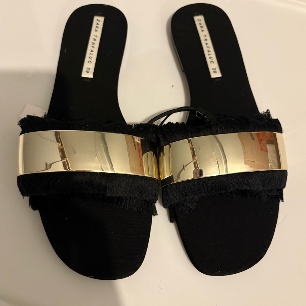 Zara Women's Black and Gold Slide Sandals - Picture 2 of 5